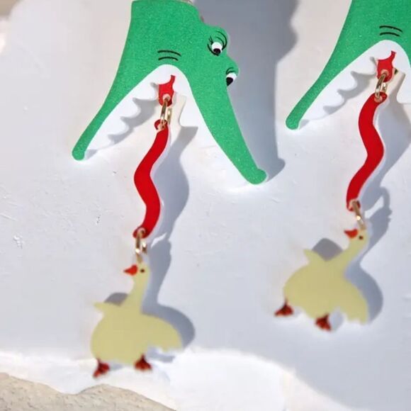 14k Crocodile & duck whimsical kawaii novelty earrings - Picture 3 of 6
